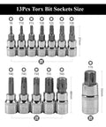 Top Tier 13 Piece Heavy Duty Torx Key Kit For Auto Repair And Bike Fixins With Impact Sockets Wrench Head For Pros Who Need To Hit Tight Rusted Bolts Without Breaking The Bank. 13pc chrome vanadium Torx bit sockets T8-T70, 1/4, 3/8, 1/2 in