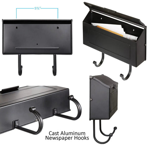 Heavy Duty Cast Aluminum Wall Mount Mailbox With Newspaper Hooks Rustproof White Outdoor Mailbox showing black finish and storage