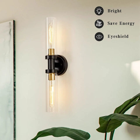 Industrial Modern Bathroom Wall Sconces With Clear Glass Tubes, 2 Light Vanity Lighting For Mirror, Hallway Or Living Room, Black Brushed Brass Finish, E26 Bulbs Not Included mounted vertically near plants