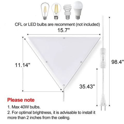 Dimensions of Triangle Corner Light With Switch, Plug In Ceiling Lamp For Living Room And Bedroom, Space Saving White Acrylic Light