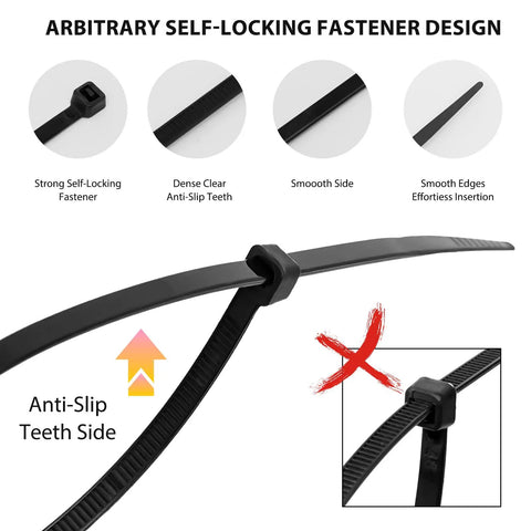 Heavy Duty 400 Pack Assorted Black Cable Ties Kit, 4 Inch, 6 Inch, 8 Inch, 12 Inch Nylon Self Locking Wire Ties with anti-slip fasteners