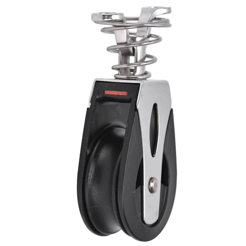 Sailboat Rigging Pulleys 316 Stainless Steel Nylon Sheave Block Head With 20mm Wheel, side view showing spring mechanism.