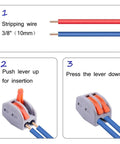 Steps showing usage of Straight Up Quick Install Terminal Block Wire Connectors 55 Piece Fast Push Lever for home wiring.