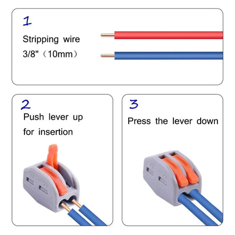 Steps showing usage of Straight Up Quick Install Terminal Block Wire Connectors 55 Piece Fast Push Lever for home wiring.