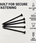 Three Inch Self Tapping Wood Screws Kit With 100 Pieces Number Ten Flat Head Phillips Drive Black Heavy Duty Deck Screws For DIY Projects And Easy Home Repairs Built Tough, black phosphate coated self-tapping wood screws