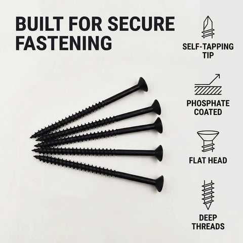 Three Inch Self Tapping Wood Screws Kit With 100 Pieces Number Ten Flat Head Phillips Drive Black Heavy Duty Deck Screws For DIY Projects And Easy Home Repairs Built Tough, black phosphate coated self-tapping wood screws
