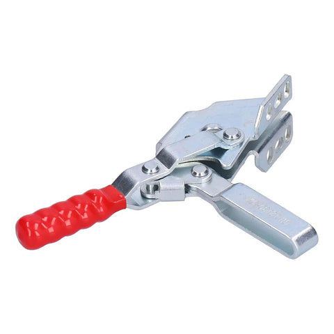 Heavy Duty Toggle Clamp Fixture Rock Solid Welding Workbench Grip 230 Kilogram Clamping Force, metal with red rubber handle.