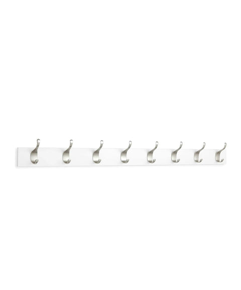 Wall Mounted Coat Rack With Eight Hooks Wood Base Modern White Entryway And Bedroom Organizer For Coats Scarves Towels Leashes And More Space Saving Durable Metal Hooks
