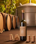 25 Pack Natural Soft Wood Corks, Tapered Bottle Stoppers For Wine Making And DIY Crafts, shown with a wine bottle in a vineyard.