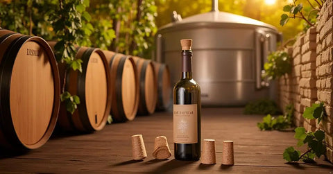 25 Pack Natural Soft Wood Corks, Tapered Bottle Stoppers For Wine Making And DIY Crafts, shown with a wine bottle in a vineyard.