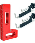 Dead Easy Quick Release Aluminum Miter Clamps With Killer 600 Pound Grip And Non Marking Rubber Pads For Smooth Picture Frame Assembly And Shop Projects Done Right, shown with a red L-shaped square and two black clamps.
