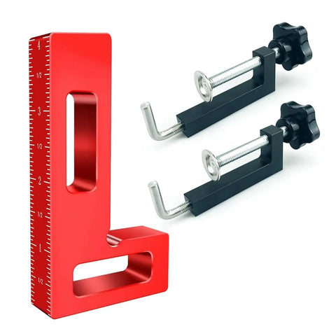 Dead Easy Quick Release Aluminum Miter Clamps With Killer 600 Pound Grip And Non Marking Rubber Pads For Smooth Picture Frame Assembly And Shop Projects Done Right, shown with a red L-shaped square and two black clamps.