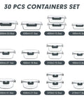 30 Piece Glass Meal Prep Containers Set With Stackable Lids, Airtight Glass Food Storage For Microwave Oven Freezer And Dishwasher, Grey Borosilicate Glass Lunch Containers For Easy Meal Prep On The Go displayed in varying sizes