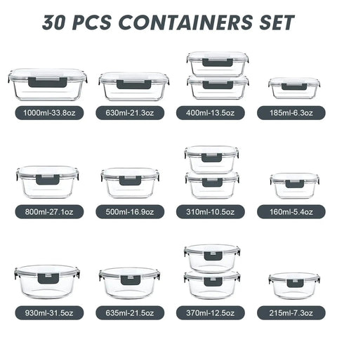 30 Piece Glass Meal Prep Containers Set With Stackable Lids, Airtight Glass Food Storage For Microwave Oven Freezer And Dishwasher, Grey Borosilicate Glass Lunch Containers For Easy Meal Prep On The Go displayed in varying sizes