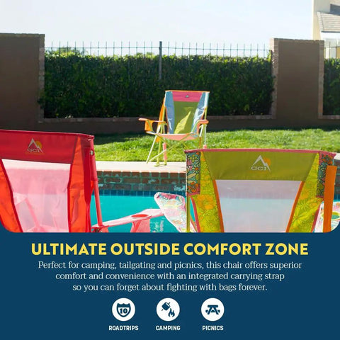 Sweet Tea Comfort Pro Rocker Outdoor Rocking Chair with Shoulder Strap by a pool, bright colors ideal for camping.