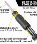 Side view of Ratcheting Multi-Bit Screwdriver 15-In-1 With Phillips Slotted Square Torx and Combo Bits, cushioned grip, on-handle bit storage.