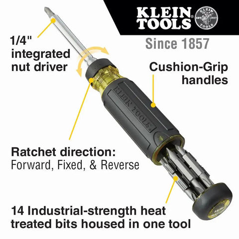 Side view of Ratcheting Multi-Bit Screwdriver 15-In-1 With Phillips Slotted Square Torx and Combo Bits, cushioned grip, on-handle bit storage.