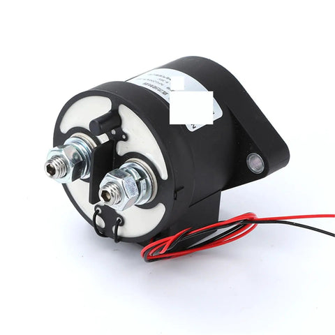 Heavy Duty Sealed DC Contactor 200 Amp 9 To 36 Volt High Voltage BMS Relay Switch For Electric Vehicle Starters and Custom Rides, black housing with terminals and wires.