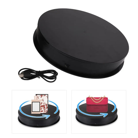Premium 360 Degree Rotating Turntable Display Stand For Jewelry, Watches, And Digital Products Featuring Smooth Quiet Spin and USB cable.