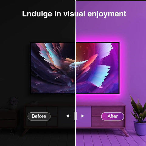 Smart TV LED Backlight Strip 9.2Ft RGB Mood Lighting With WiFi App Control visual enhancement on TV screen before and after