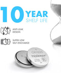Top Tier CR1620 3V Lithium Coin Cell Batteries Five Pack showing anti-leak design and 10-year shelf life.