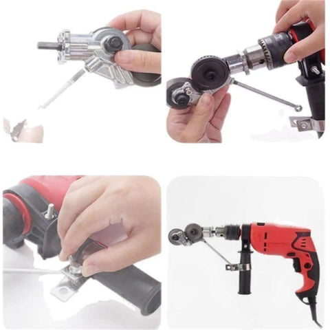Heavy Duty Drill Nibbler Sheet Metal Cutter Attachment for Electric Drills Cuts Steel Aluminum Iron Copper With No Sparks And Burr Free Edges 3 to 5 Times Faster Than Hand Tools 1 Set, shown in various installation stages and uses with a red drill.