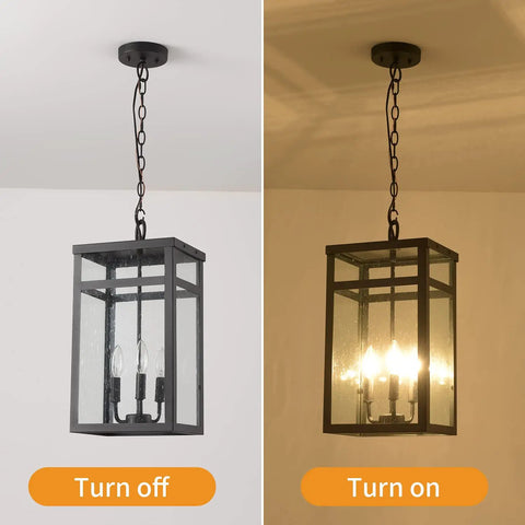 Three Light Outdoor Indoor Pendant Light Black Exterior With Seeded Glass Shade Dope Modern Chandelier off and on display