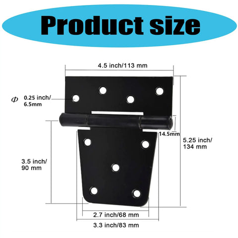 Beefed Up Heavy Duty Door Hinge Replacement Kit, 4 pcs, black iron with smooth pivot, detailed size dimensions for outdoor use