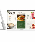 Solid 23 8 Inch Countertop Digital Menu Board With Cloud CMS Platform For No Fuss Multi Location Syncs And Straightforward Plug In Commercial Cafe Counter Display displaying cafe menu items.