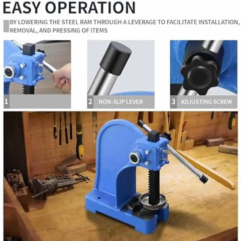 Heavy Duty 1 Ton Manual Arbor Press Straight Up Built Tough Rock Solid Cast Iron Punch Machine with non-slip lever and adjusting screw.