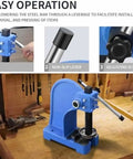 Super Sturdy Cast Iron Manual Arbor Press Featuring Legit One Ton Pressing Power With Slotted Anvil Bench Mounted Punch Stamp Rig For Serious Garage And Shop Tasks in blue on wooden workbench.