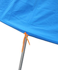Close-up of 14-Foot Trampoline Tent Cover For Six Straight-Pole showing attachment on metal pole with blue fabric and orange tie
