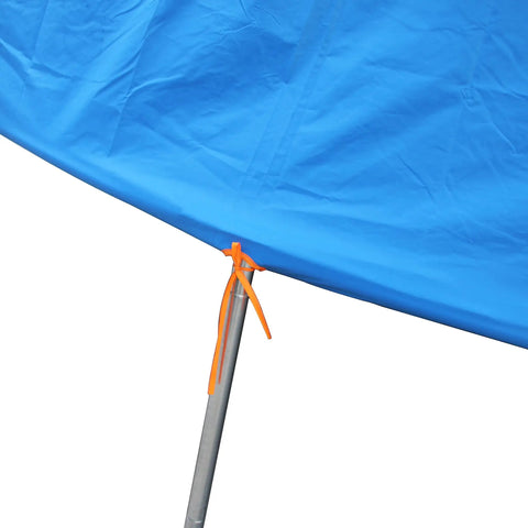 Close-up of 14-Foot Trampoline Tent Cover For Six Straight-Pole showing attachment on metal pole with blue fabric and orange tie