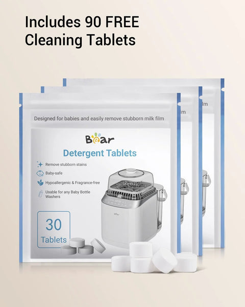 Front view of three Bear Detergent Tablets packaging bags, each labeled 30 tablets, for baby bottle washers