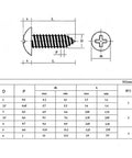Technical diagram of Pro Grade 304 Stainless Steel Phillips Recessed Head Self Tapping Wood Screws Set M3 And M4 Mushroom Head