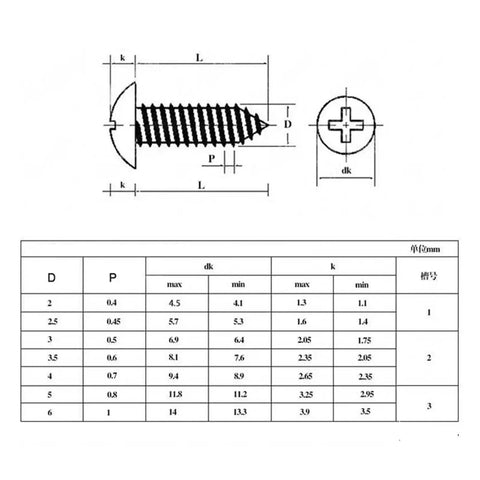 Technical diagram of Pro Grade 304 Stainless Steel Phillips Recessed Head Self Tapping Wood Screws Set M3 And M4 Mushroom Head