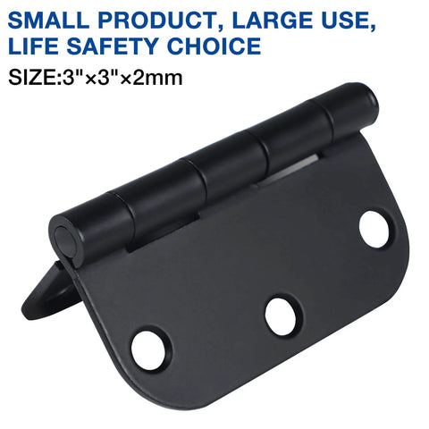 Six Pack Three Inch Matte Black Interior Door Hinges With Rounded Edges Five Eighth Inch Radius, Heavy Duty Iron Hardware displayed
