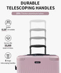Pink luggage with durable telescoping handles, featuring recycled polycarbonate carry-on luggage, 4-stage system with 15,000 uses.