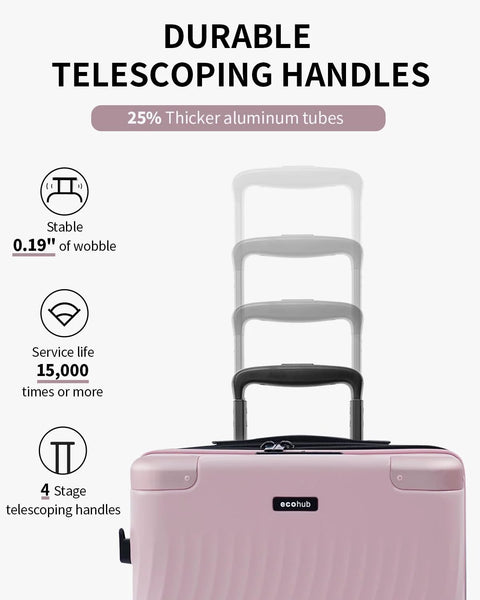 Pink luggage with durable telescoping handles, featuring recycled polycarbonate carry-on luggage, 4-stage system with 15,000 uses.