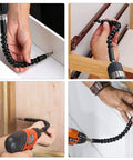 Flexible Drill Bit Extension With Magnetic Hex Shaft For Tight Spots in use, bending to reach awkward angles for different projects