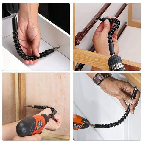 Flexible Drill Bit Extension With Magnetic Hex Shaft For Tight Spots in use, bending to reach awkward angles for different projects