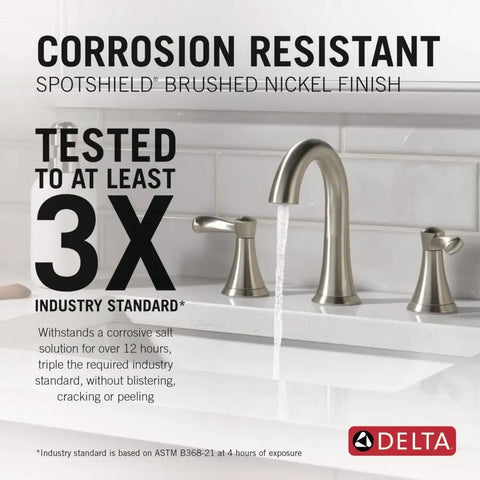 Esato Widespread Bathroom Faucet Brushed Nickel With Drain Assembly, SpotShield Finish, shown installed on a bathroom sink
