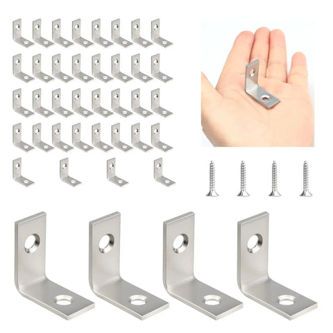 Rock Solid 1 Inch Stainless Steel L Brackets 40 Pack With 80 Countersunk Screws Rustproof Corner Braces displayed with screws