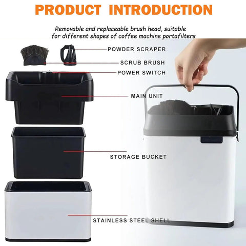 Electric Espresso Knock Box Featuring Automatic Portafilter Scraper For 51mm 58mm Handles in white steel with storage options.