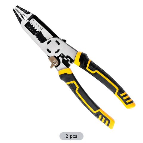 Eight-In-One Multi-Function Wire Stripper Pliers Chrome Vanadium Steel Electrician Hand Tools For Crimping Wire Cutting And Electrical Repairs Perfect For Home Maintenance Wiring Projects And Daily Tool Use, shown with non-slip grip.