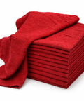 Stack of red Extra Absorbent 13x17 Inches 12 Pack 100 Percent Cotton Shop Towels Reusable Cleaning Rags For Industrial Garage Auto Home Heavy Duty Towels Built For Tough Jobs