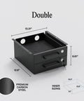 Undermount Under Desk Drawer Slide Out Lockable Metal Storage With Built In Cable Management, double drawer, matte black, dimensions shown