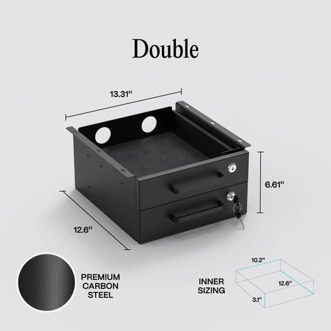 Undermount Under Desk Drawer Slide Out Lockable Metal Storage With Built In Cable Management, double drawer, matte black, dimensions shown