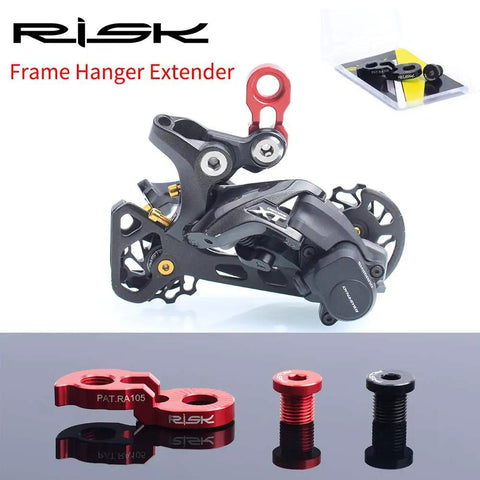 Beefed Up Rear Derailleur Hanger Extender For Mountain And Road Bikes With M10 Screw Ultralight Aluminum 7075 in red and black.