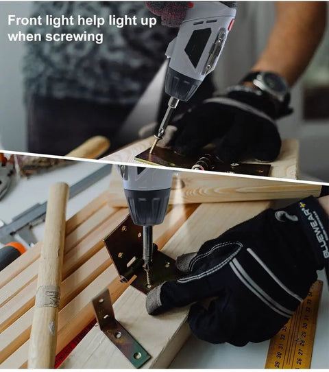 Mini Cordless Electric Screwdriver And Power Drill Set With 45 Precision Bits 4 8V Wireless Hand Tool Featuring Bright Led Light in use with wooden piece.